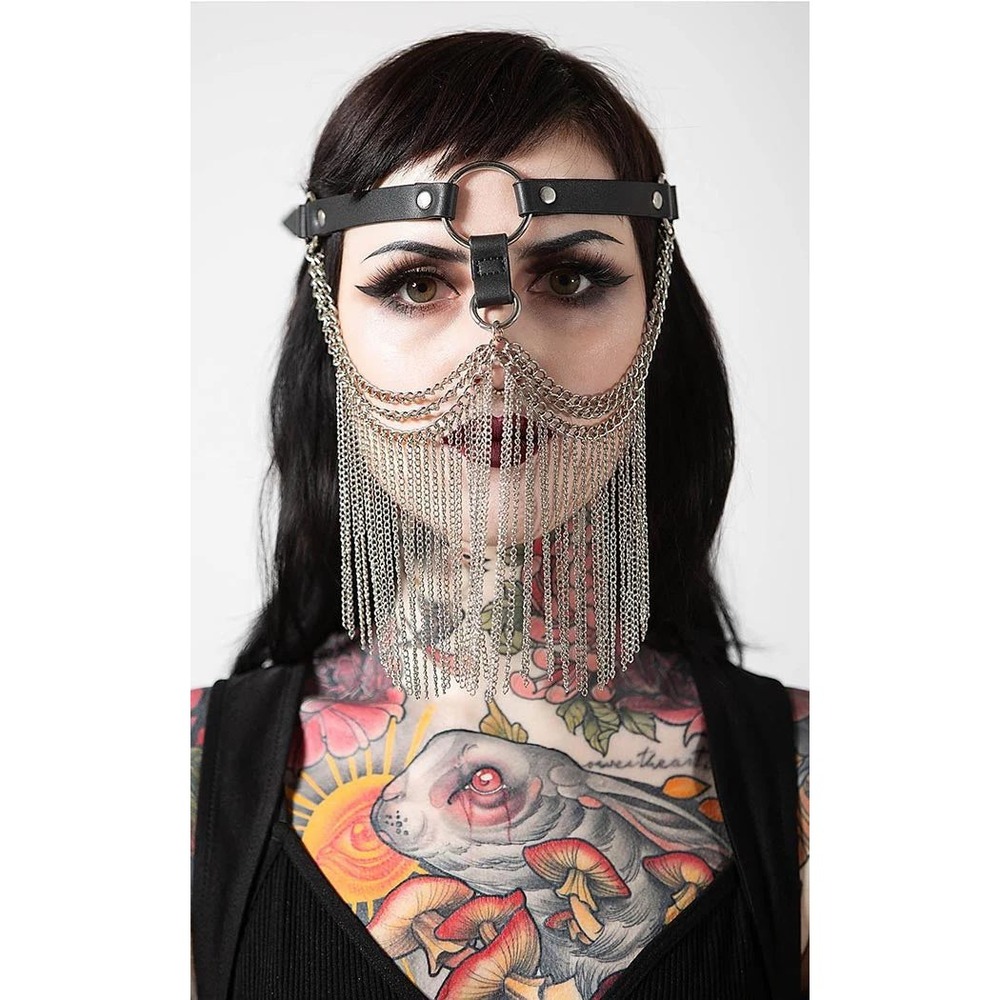 Killstar Orb Chain Mask Black Faux Leather Silver Veil Headpiece Gothic